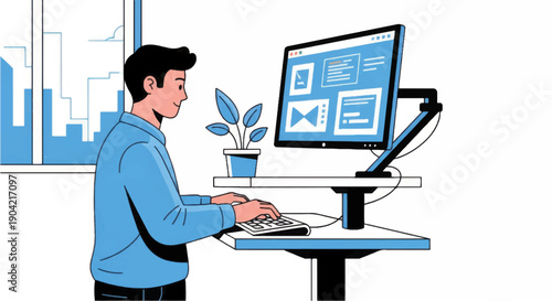 Man working on computer with digital interface.