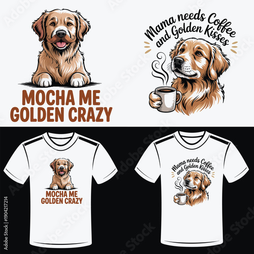 Golden Retriever dog with coffee and text design animal puppy