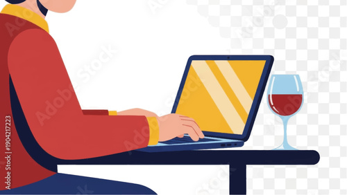 Man Working on Laptop with Wine.