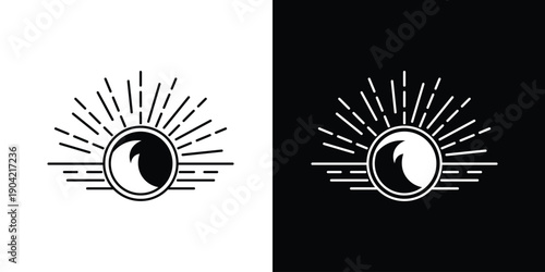 Stylized Eye Emblem with Radiant Light Rays and Crescent Moon, a Contemporary Vector Icon for Vision, Awareness, and Cosmic Themes