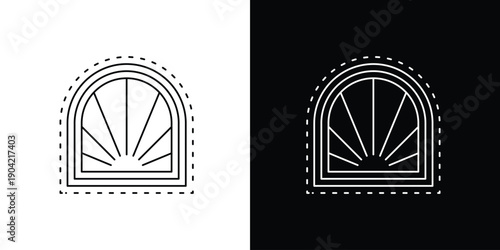 Minimalist arched window icon with sunray detail, sleek line art design for modern architecture, interior decoration, and elegant branding projects