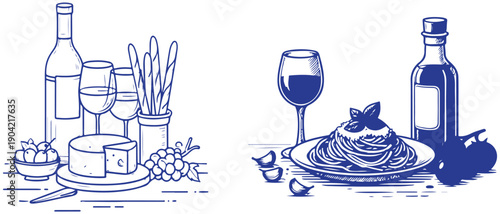 La dolce vita italian sicily style. Hand drawn ink line food and wine or champagne drawings. Sketch style lunch or dinner Illustrations for wedding invitations, cafe or restaurant menus and parties.