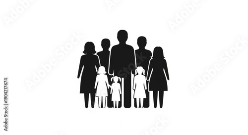 A family of silhouetted figures standing together with their dogs in a united front view