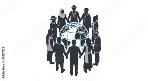 Global unity illustration featuring diverse silhouettes surrounding a central globe icon