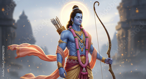 Lord Ram with bow and majestic background, made by Ai
