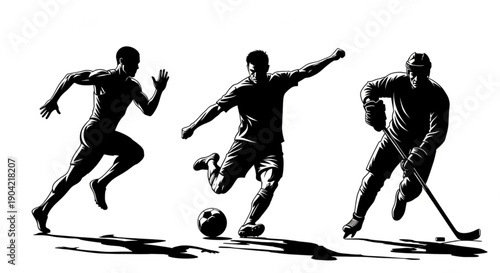 High-contrast silhouettes of a runner, a soccer player, and a hockey player in action, representing athleticism, speed, and competitive sports.