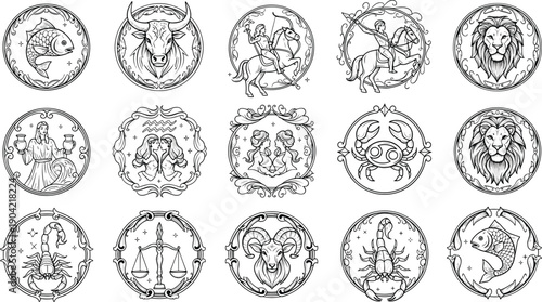 zodiac, signs, set, vector, astrology, horoscope, symbols, constellation, vintage, illustration, line, art, circle, emblem, celestial, mystic, black, white, design