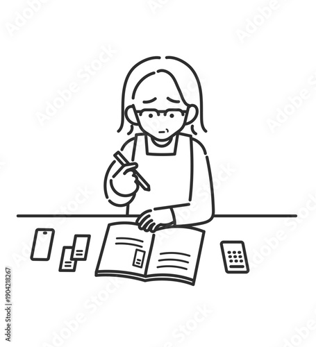 家計簿を付け、出費を気に病む40代女性のイラスト　線画のみ