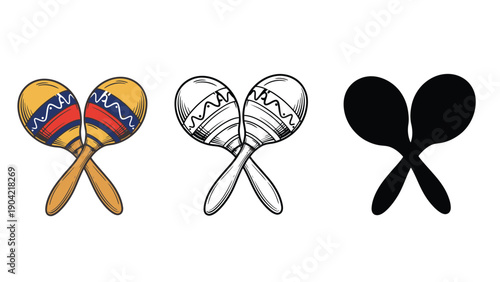 Three maracas are shown in different styles: colored, sketched, and silhouette.