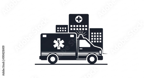 Ambulance vehicle in front of a hospital building with medical cross symbol illustration
