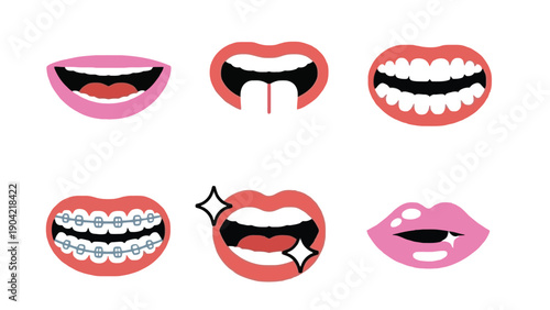 A collection of stylized mouths and lips with various dental features.