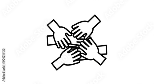 Multiple hands coming together in a gesture of unity and cooperation from a top-down viewpoint