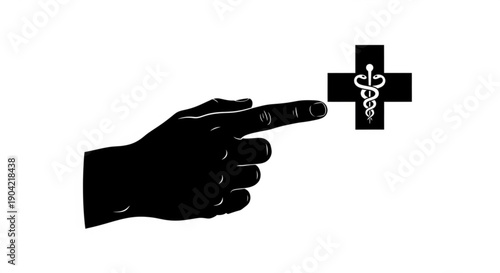 A hand pointing towards a medical cross symbol with a staff in the center, representing healthcare and assistance