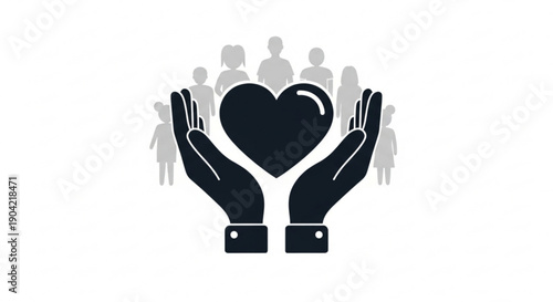Hands holding a heart surrounded by people in a symbol of love and care illustration