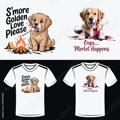 Golden Retriever Puppy Roasting Marshmallow and Spilled Wine Dog Illustration Keywords: golden