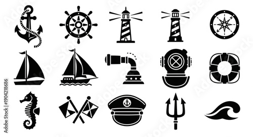 Nautical Icons Collection Featuring Ships and Marine Life.