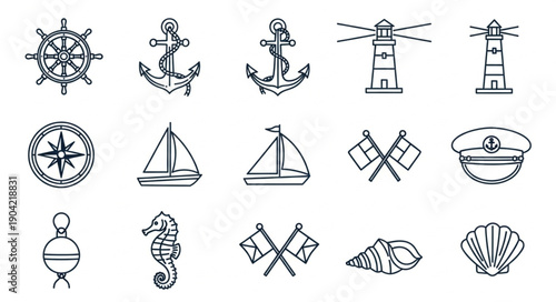 Nautical Icons Collection Featuring Ships Anchors Lighthouses and More.