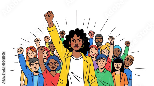High-quality black outline colorful art of a female leader empowering a group of activists, unity and social change
