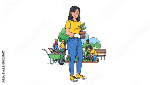 High-quality black outline colorful art of a woman volunteering for community service, calm minimal lifestyle illustration
