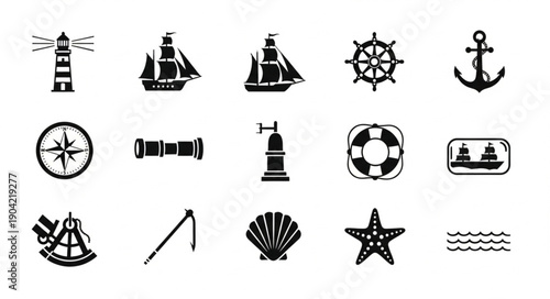 Nautical Icons Collection Lighthouse Ship Wheel Anchor Compass.