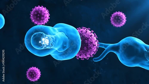 Wallpaper Mural Microscopic animation of an immune cell actively engulfing a virus, illustrating the body's defense process. Torontodigital.ca