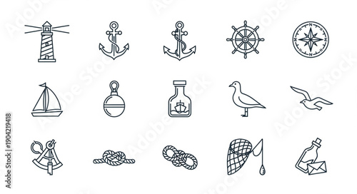 Nautical Icons Collection Lighthouse Anchor Ship Wheel Compass.
