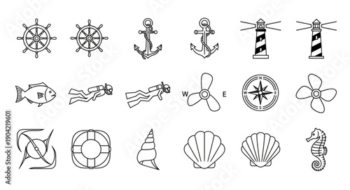 Nautical Icons Collection Hand Drawn Sketch Style.