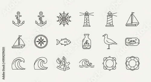 Nautical Icons Collection Hand Drawn Sketch Style.