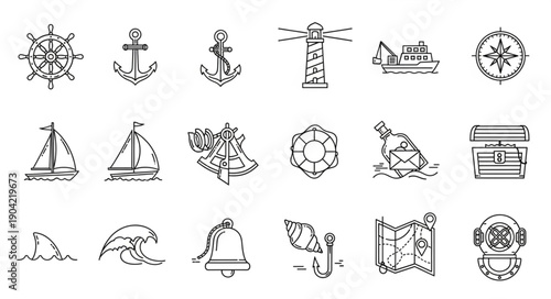 Nautical Icons Collection Hand Drawn Sketch Style.