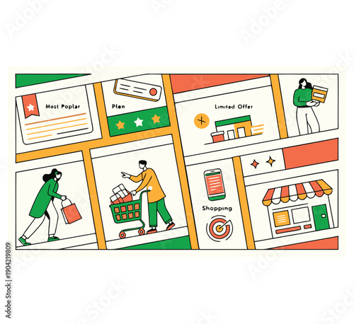 People shopping at a vibrant marketplace with various storefronts and promotional offers from different viewpoints