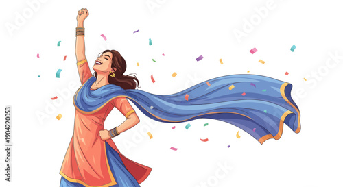 Woman in traditional Indian clothing celebrating with confetti.