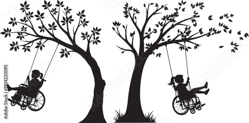 Children in Wheelchairs Swinging: Inclusive Fun and Joyful Moments Under the Tree, Silhouette
