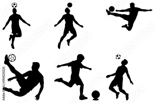 Collection of soccer player silhouettes, various actions, isolated