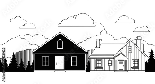 Two charming houses in a serene mountain landscape outline illustration.