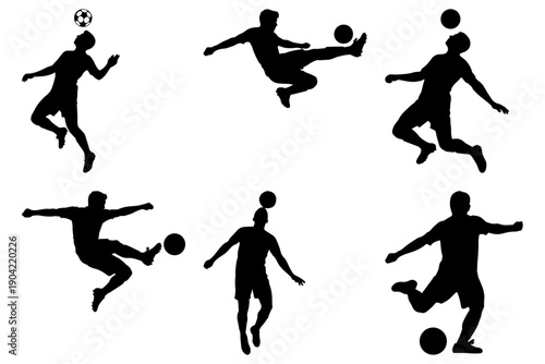 Soccer player silhouettes in action, dynamic poses, white background