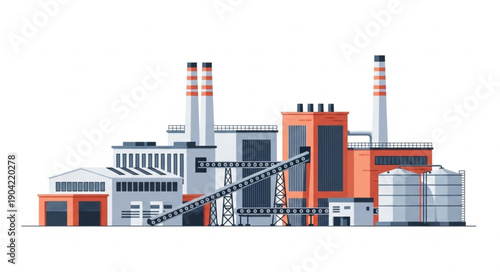 Industrial factory building with smokestacks and storage tanks.