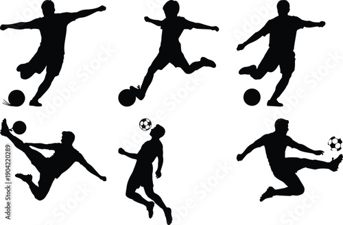 Dynamic soccer player silhouettes performing kicks