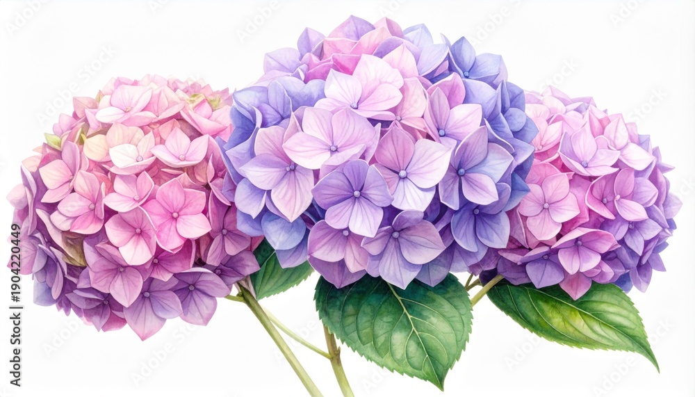 Fototapeta premium Watercolor Painting of Hydrangea Flowers in Pink Purple and Blue Hues