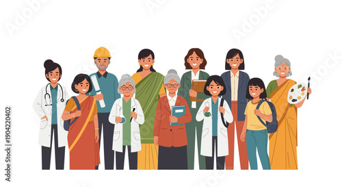 Diverse group of people from different professions and cultures standing together.