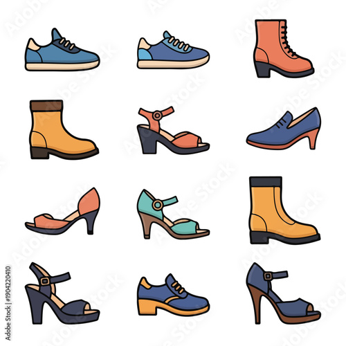 A set of colorful cartoon shoes and boots on white