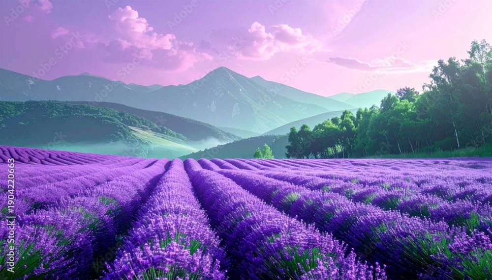 Fototapeta premium Vibrant Lavender Field with Rolling Hills and Pink Sky at Sunset