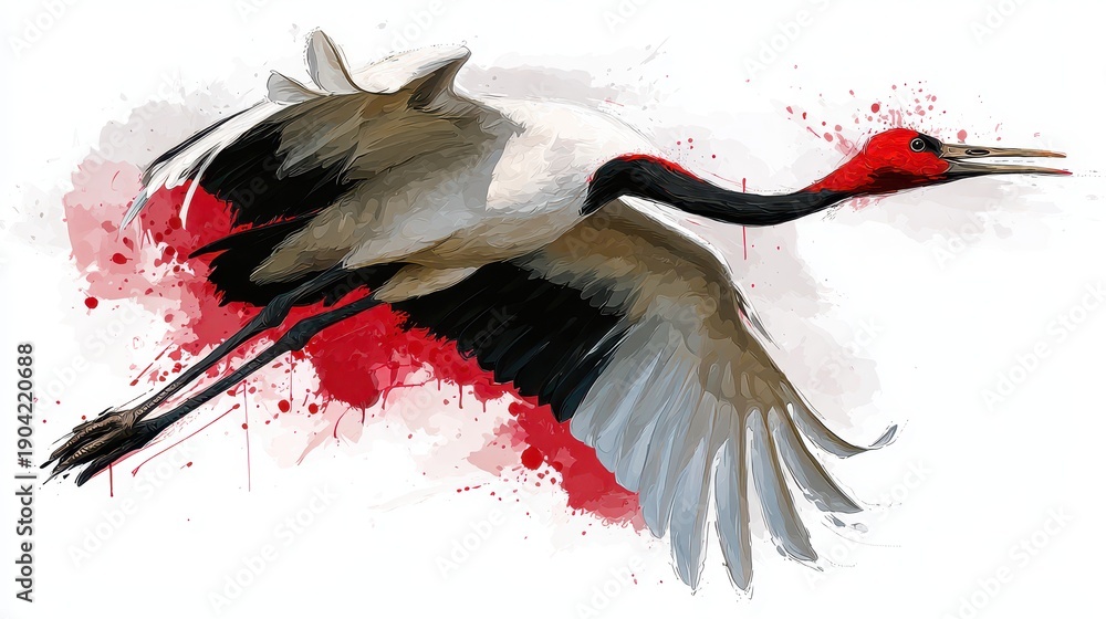 Naklejka premium Dynamic illustration of a flying crane with bold color trails on a clean white backdrop