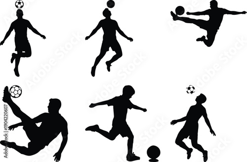 Collection of soccer player silhouettes, various kicking poses.