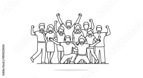 A group of people celebrating a success together in a joyful gathering from a front viewpoint
