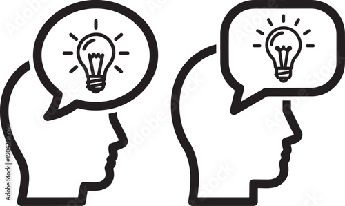 Human Head Icons with Lightbulb: Concept of Ideas, Innovation, and Brainstorming