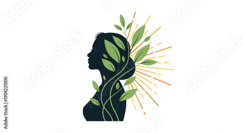 Silhouette of a woman with leaves and sun rays.