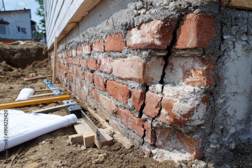 Exterior brick wall with cracks and repair planning for foundation stabilization