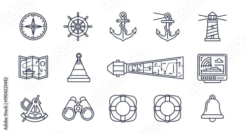 Nautical Icons Collection Featuring Compass Anchor Lighthouse and Map.