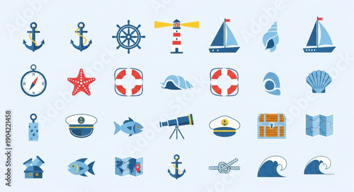 Nautical Icons Collection Featuring Anchors Ships and Lighthouses.