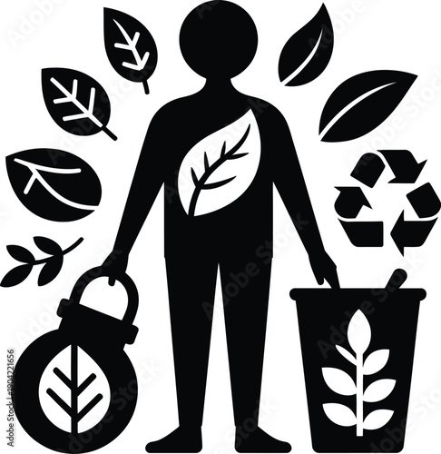 Black silhouette representing eco friendly lifestyle with leaves, recycling and nature symbols